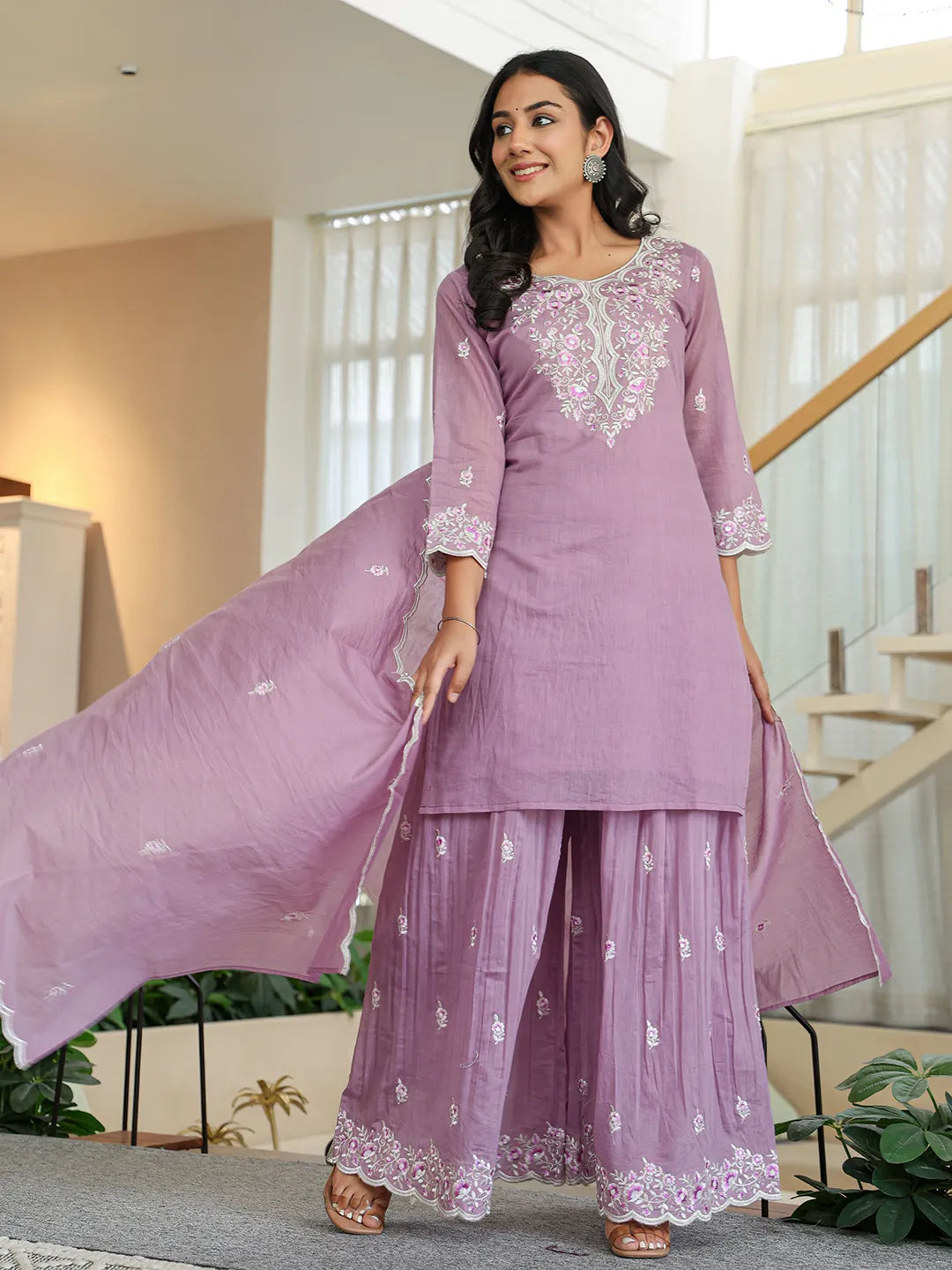 Purple Embroidered Kurti Dupatta Set With Lining-Yufta Store-6625SKDPRM