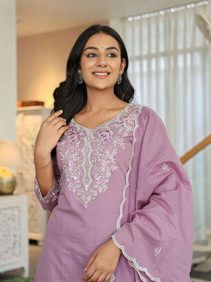 Purple Embroidered Kurti Dupatta Set With Lining-Yufta Store-6625SKDPRM