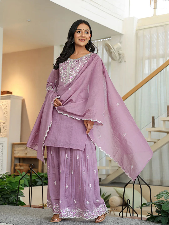 Purple Embroidered Kurti Dupatta Set With Lining-Yufta Store-6625SKDPRM