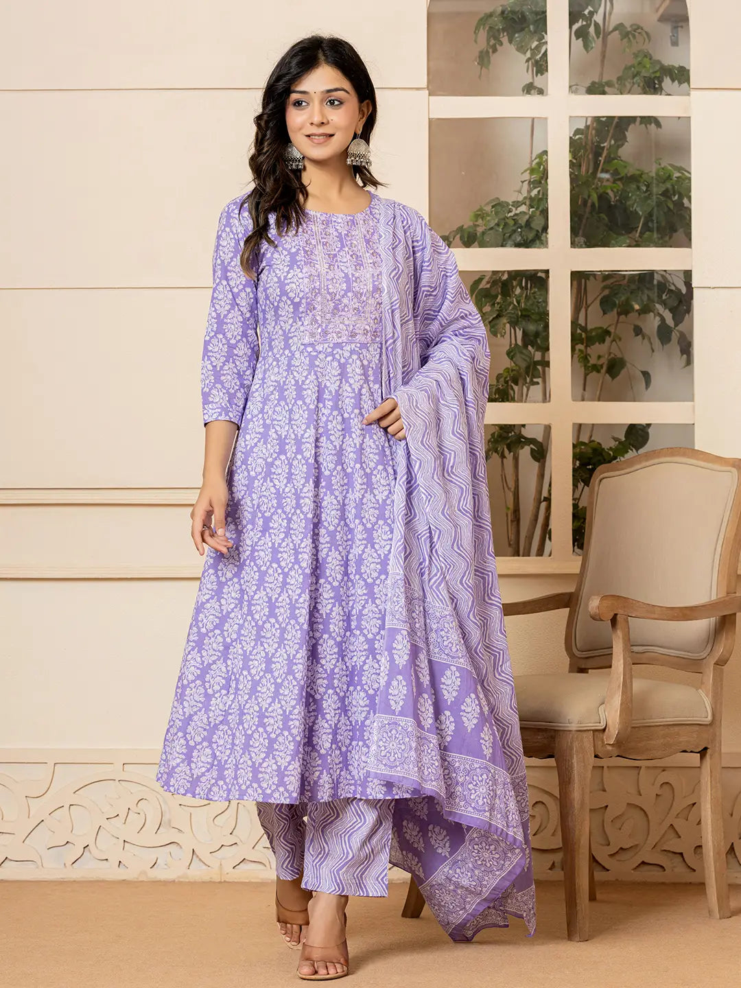 Purple Embroidered Pure Cotton Anarkali Kurta Trouser With Dupatta Set-Yufta Store-6967SKDPRS