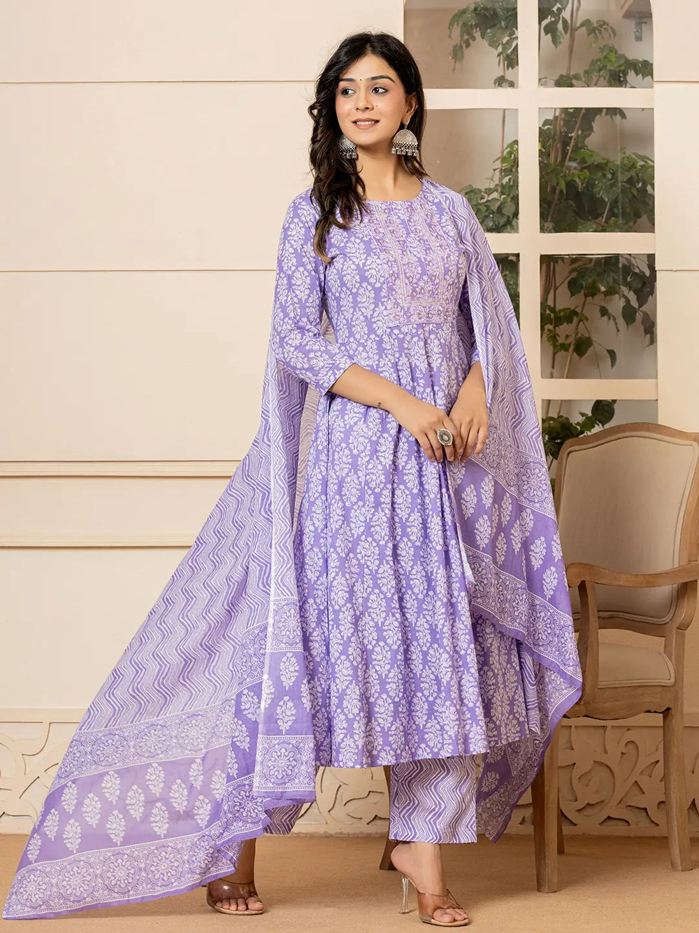 Purple Embroidered Pure Cotton Anarkali Kurta Trouser With Dupatta Set-Yufta Store-6967SKDPRS