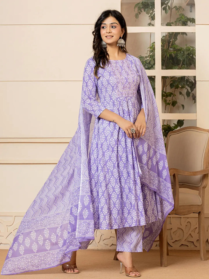 Purple Embroidered Pure Cotton Anarkali Kurta Trouser With Dupatta Set-Yufta Store-6967SKDPRS