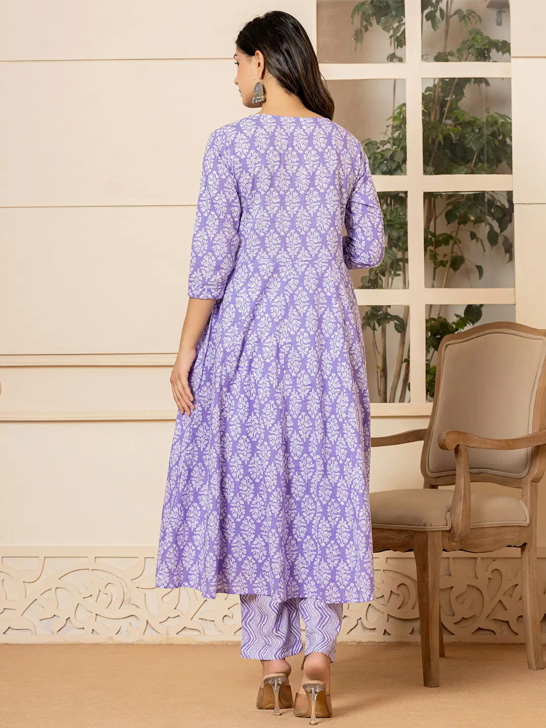 Purple Embroidered Pure Cotton Anarkali Kurta Trouser With Dupatta Set-Yufta Store-6967SKDPRS