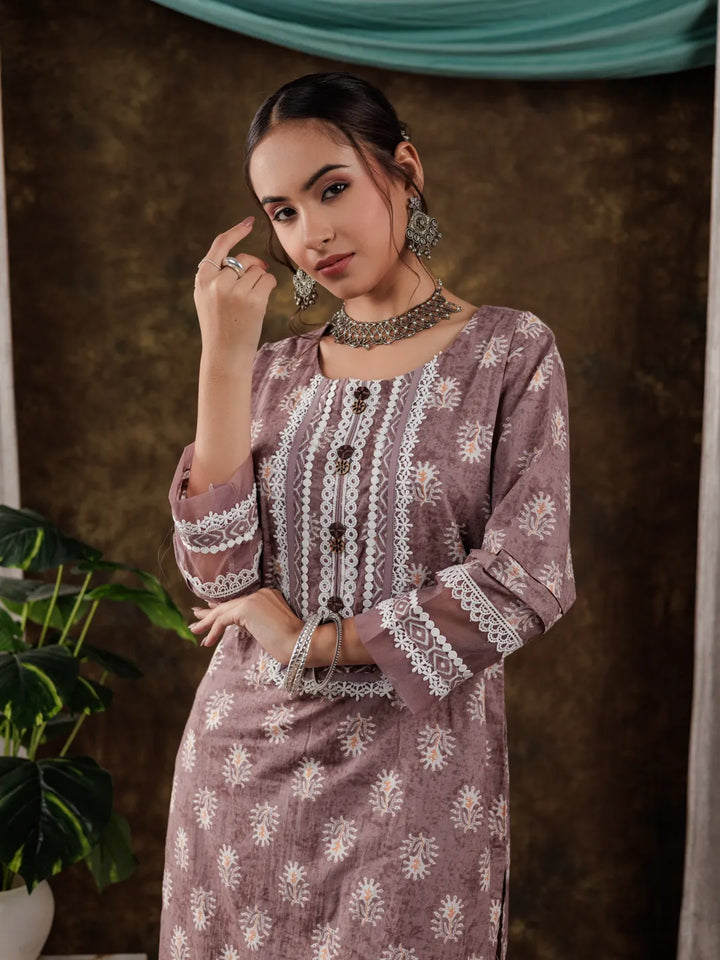 Purple Ethnic Motifs Pure Cotton Kurta Dupatta Set With Lace Detailing-Yufta Store-7180SKDPRS