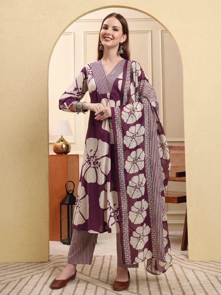 Purple Floral A-Line Kurta Trouser Dupatta Set