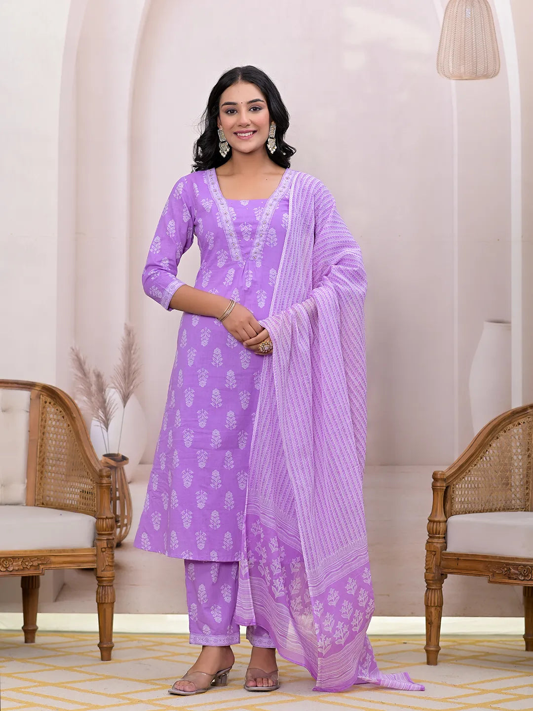 Purple Floral Cotton A-Line Suit Set-Yufta Store-7004SKDPRS