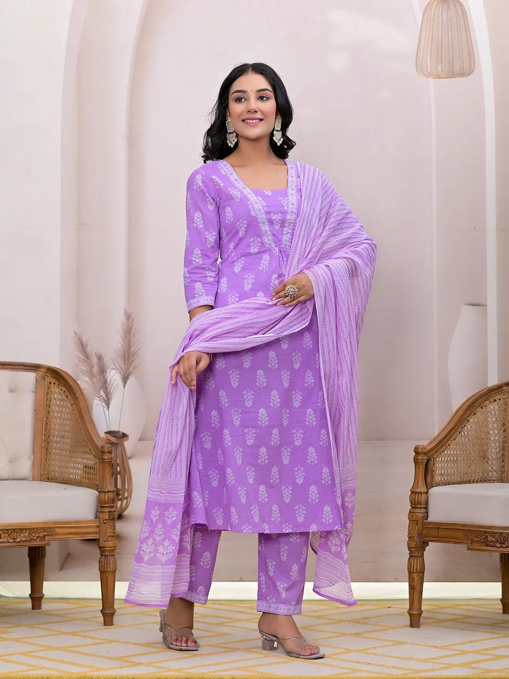 Purple Floral Cotton A-Line Suit Set-Yufta Store-7004SKDPRS