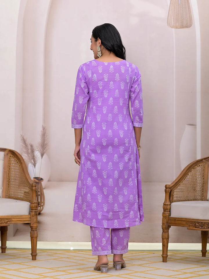 Purple Floral Cotton A-Line Suit Set-Yufta Store-7004SKDPRS