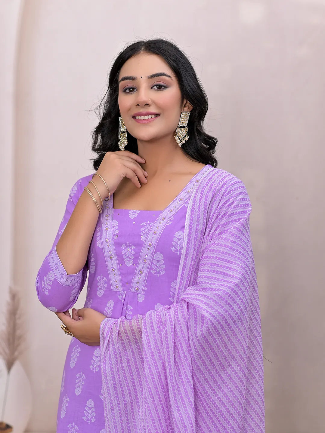 Purple Floral Cotton A-Line Suit Set-Yufta Store-7004SKDPRS