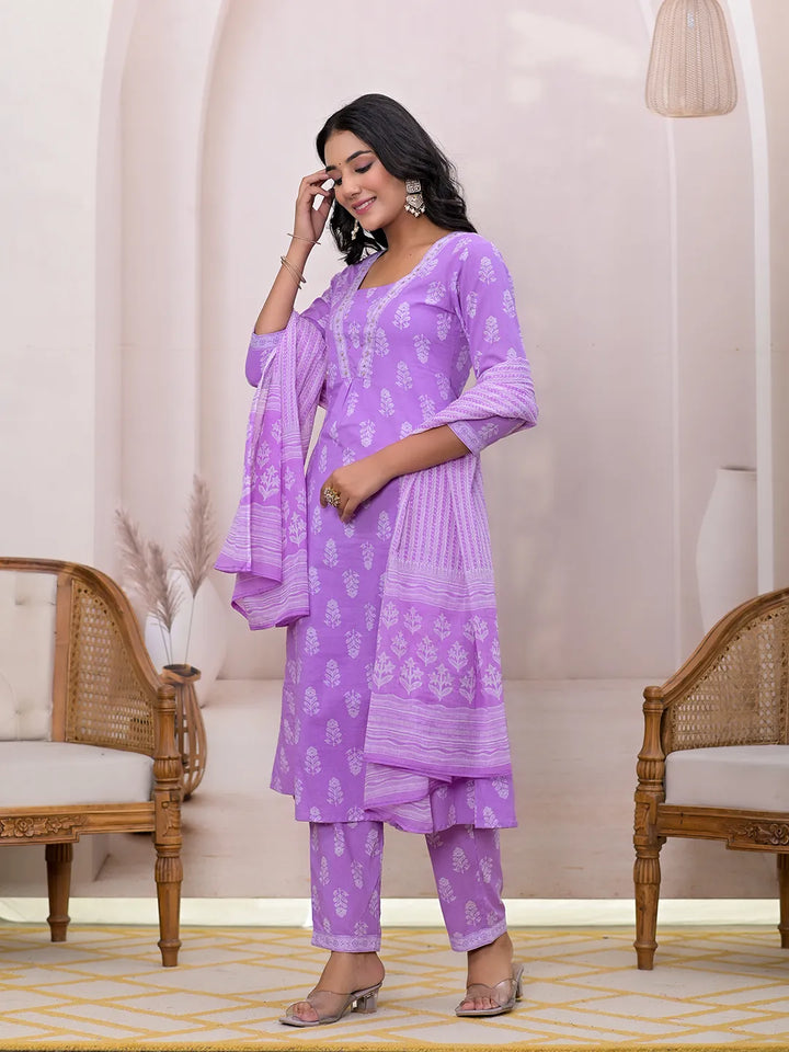 Purple Floral Cotton A-Line Suit Set-Yufta Store-7004SKDPRS