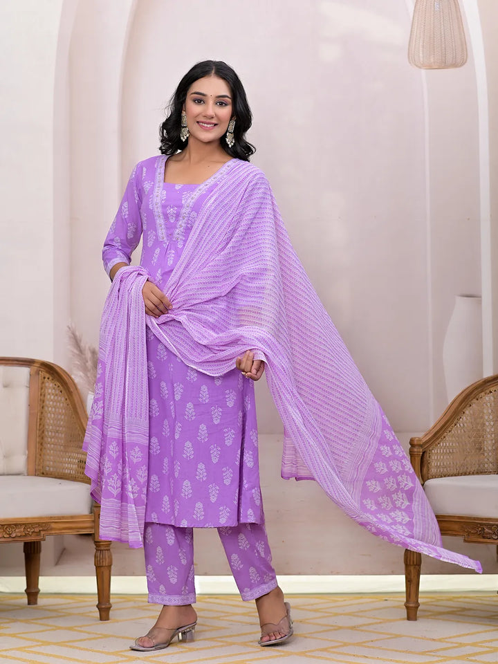 Purple Floral Cotton A-Line Suit Set-Yufta Store-7004SKDPRS