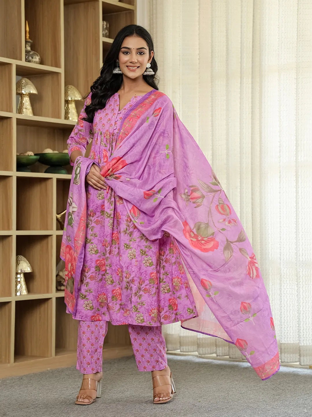 Purple Floral Print ALine Kurta Trouser Dupatta Set-Yufta Store-6422SKDPRM