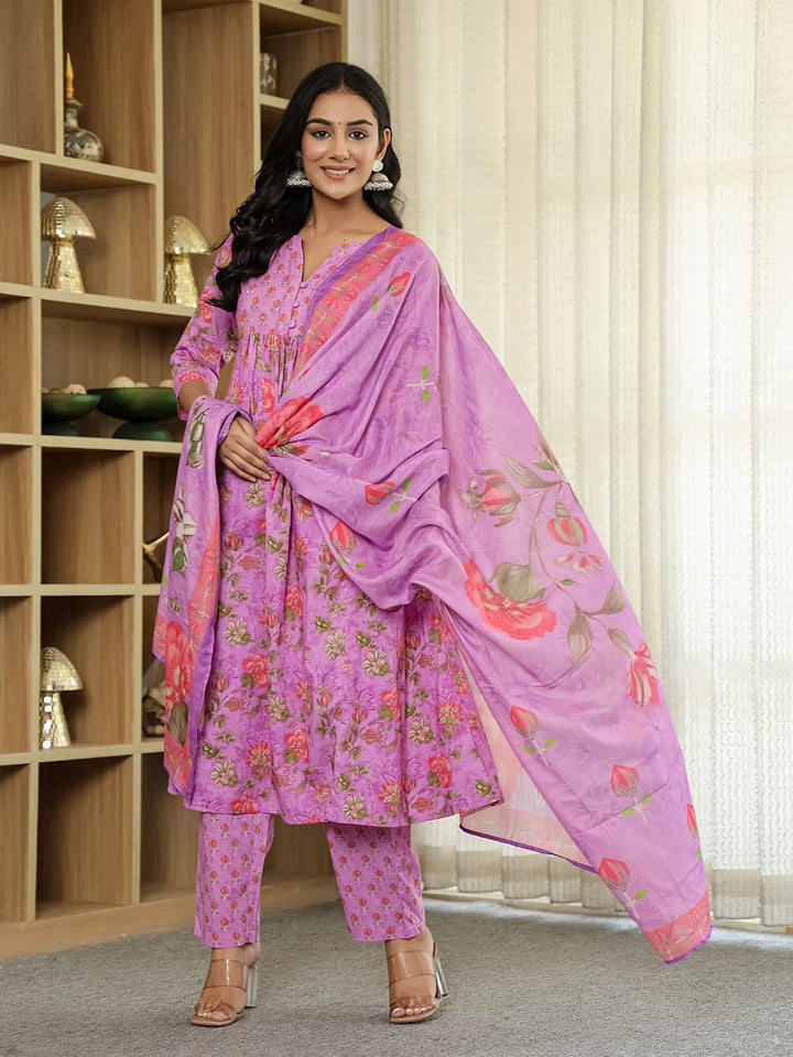 Purple Floral Print ALine Kurta Trouser Dupatta Set-Yufta Store-6422SKDPRM