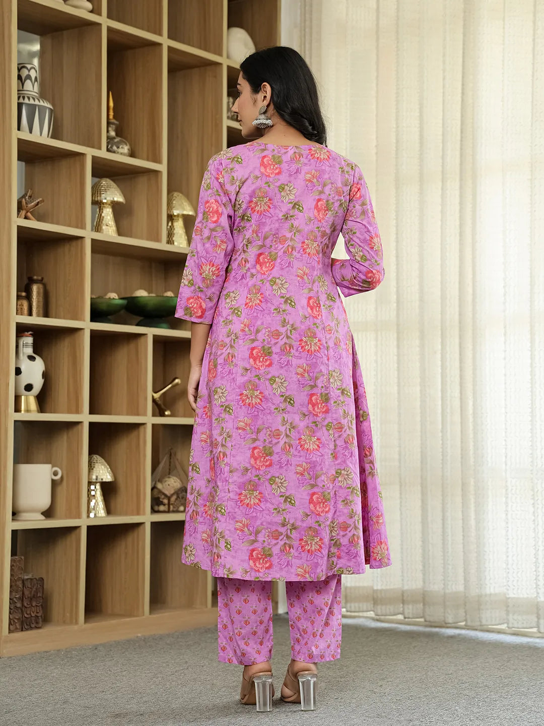 Purple Floral Print ALine Kurta Trouser Dupatta Set-Yufta Store-6422SKDPRM