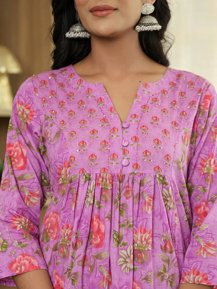 Purple Floral Print ALine Kurta Trouser Dupatta Set-Yufta Store-6422SKDPRM