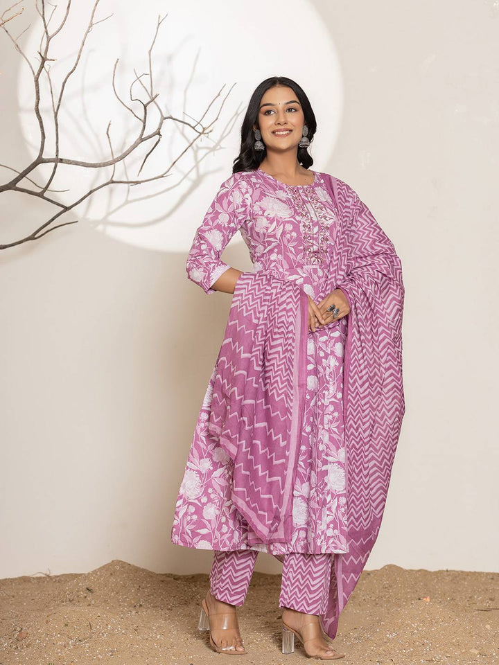 Purple Floral Print Embroidery Cotton Anarkali Suit Set-Yufta Store-6996SKDPRS