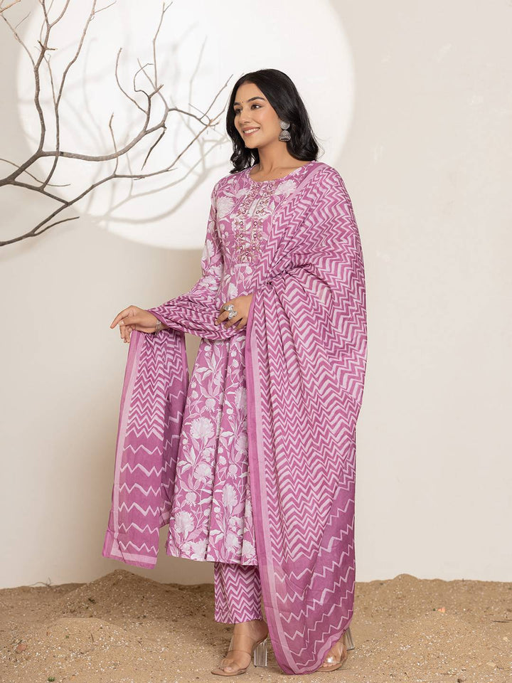 Purple Floral Print Embroidery Cotton Anarkali Suit Set-Yufta Store-6996SKDPRS