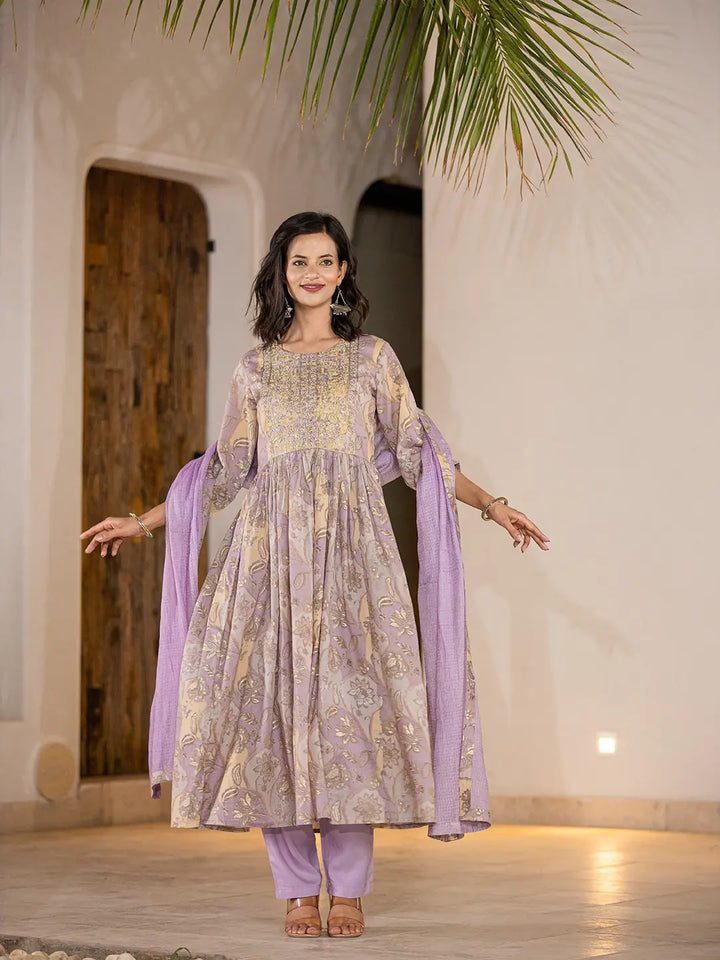 Purple Floral Print Malmal Fit And Flare Suit Set-Yufta Store-6964SKDPRS