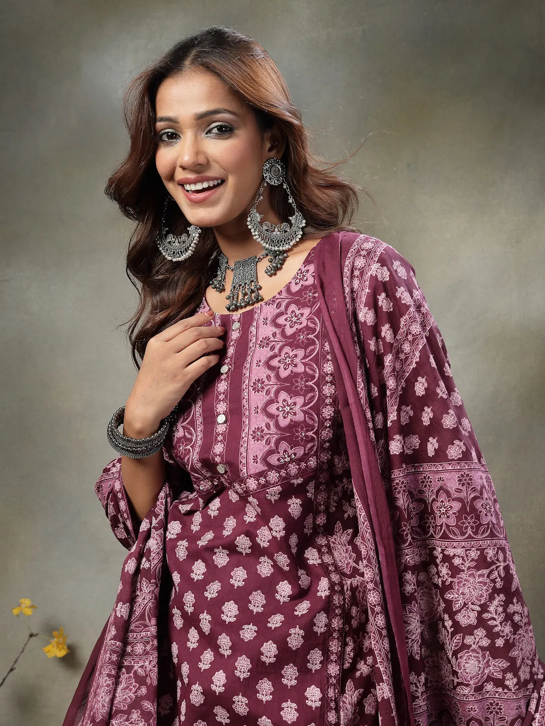 Purple Floral Print Sequins Work Cotton A-Line Kurta And Trouser With Dupatta Set