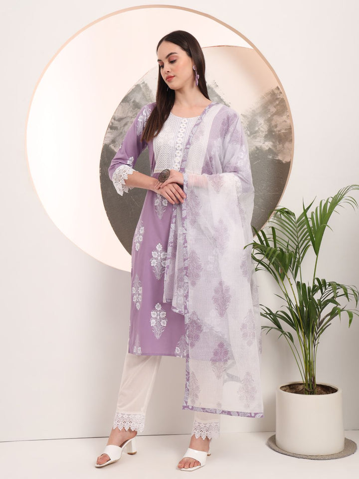 Purple Floral Printed Straight Kurta Trouser Dupatta Set-Yufta Store-6160SKDPRM