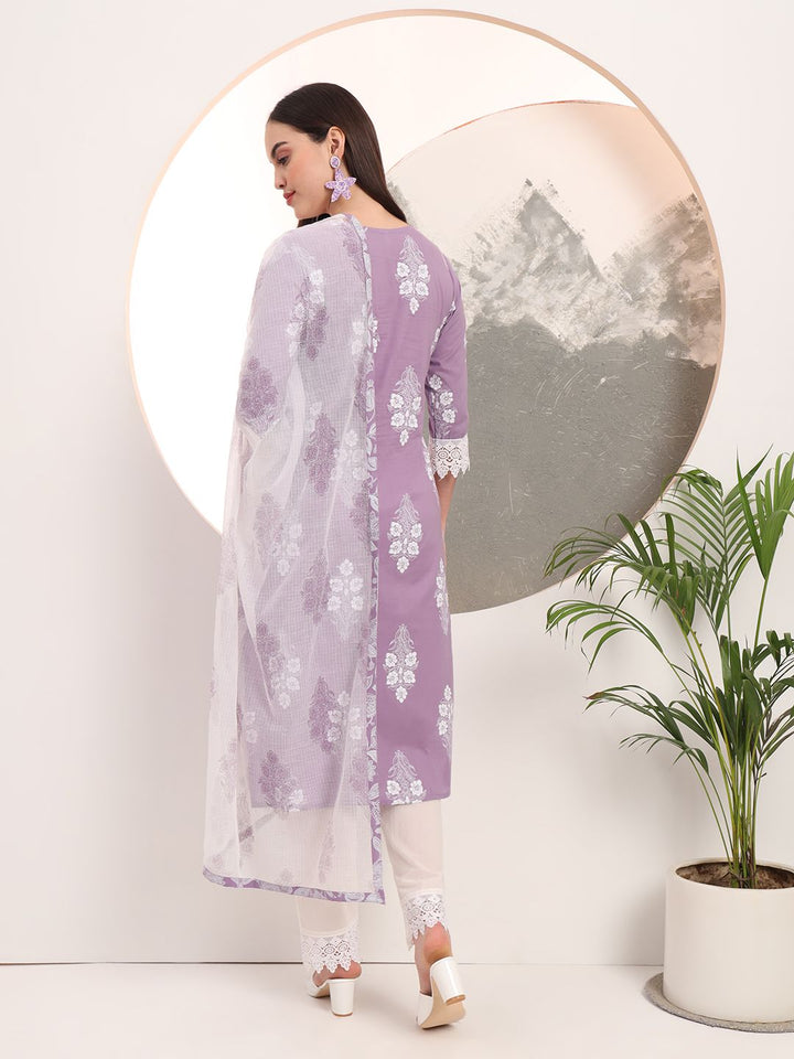 Purple Floral Printed Straight Kurta Trouser Dupatta Set-Yufta Store-6160SKDPRM