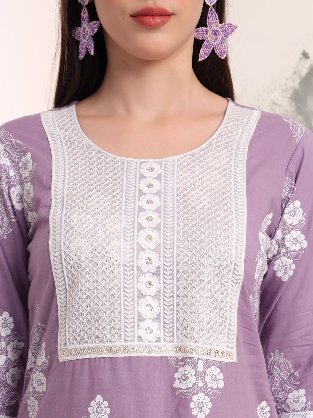 Purple Floral Printed Straight Kurta Trouser Dupatta Set-Yufta Store-6160SKDPRM