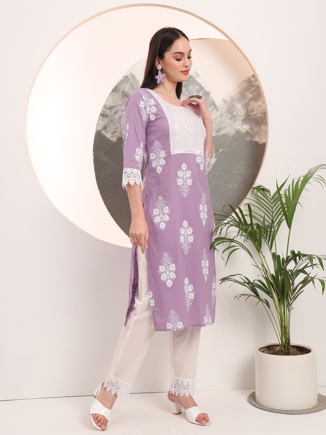 Purple Floral Printed Straight Kurta Trouser Dupatta Set-Yufta Store-6160SKDPRM