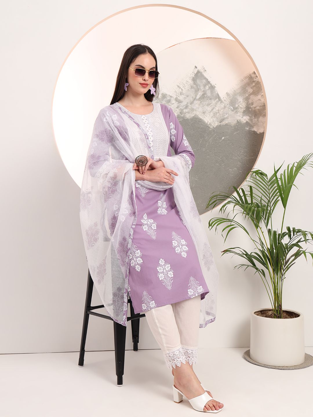 Purple Floral Printed Straight Kurta Trouser Dupatta Set-Yufta Store-6160SKDPRM