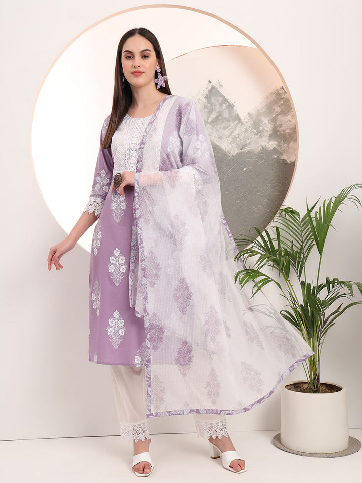 Purple Floral Printed Straight Kurta Trouser Dupatta Set-Yufta Store-6160SKDPRM