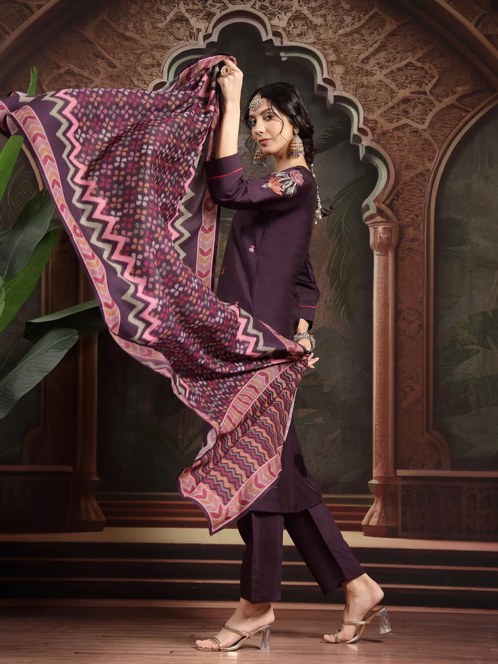 Purple Kantha Work Straight Kurta Trouser Dupatta Set Have A Lining Kurta-Yufta Store-6551SKDPRM
