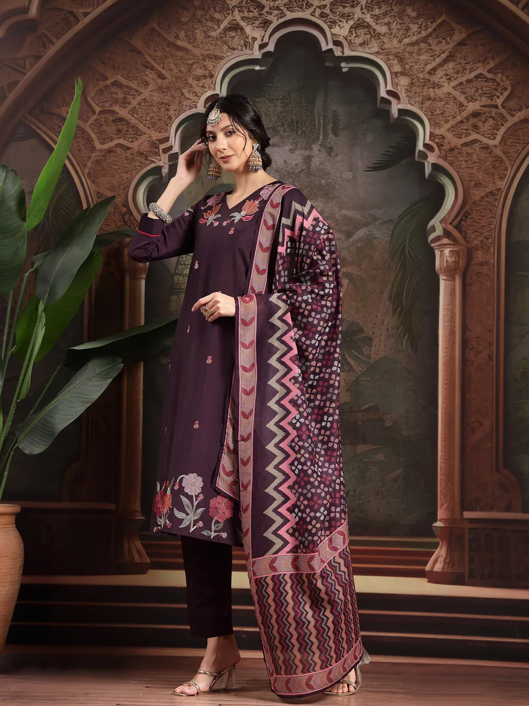 Purple Kantha Work Straight Kurta Trouser Dupatta Set Have A Lining Kurta-Yufta Store-6551SKDPRM