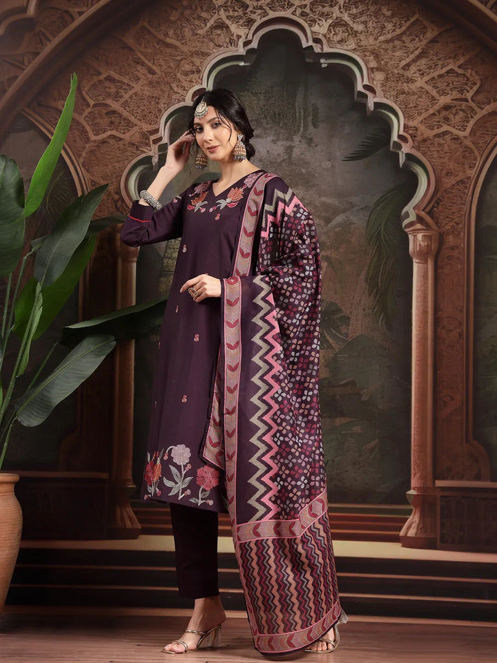 Purple Kantha Work Straight Kurta Trouser Dupatta Set Have A Lining Kurta-Yufta Store-6551SKDPRM