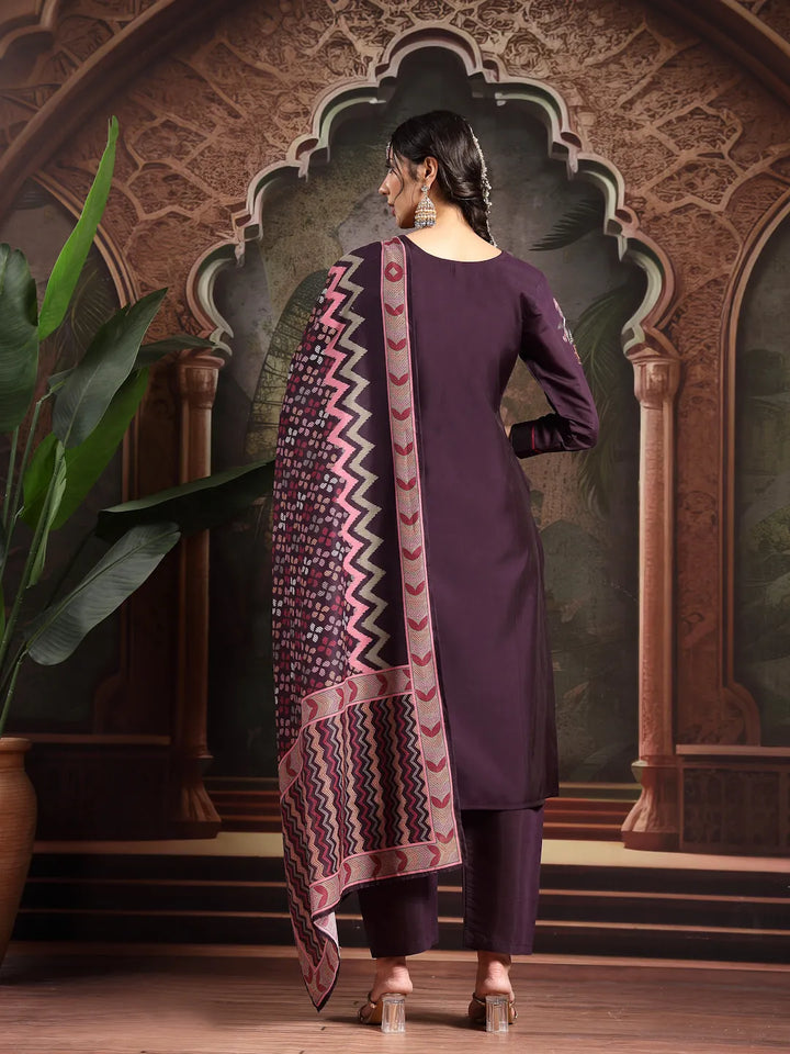Purple Kantha Work Straight Kurta Trouser Dupatta Set Have A Lining Kurta-Yufta Store-6551SKDPRM