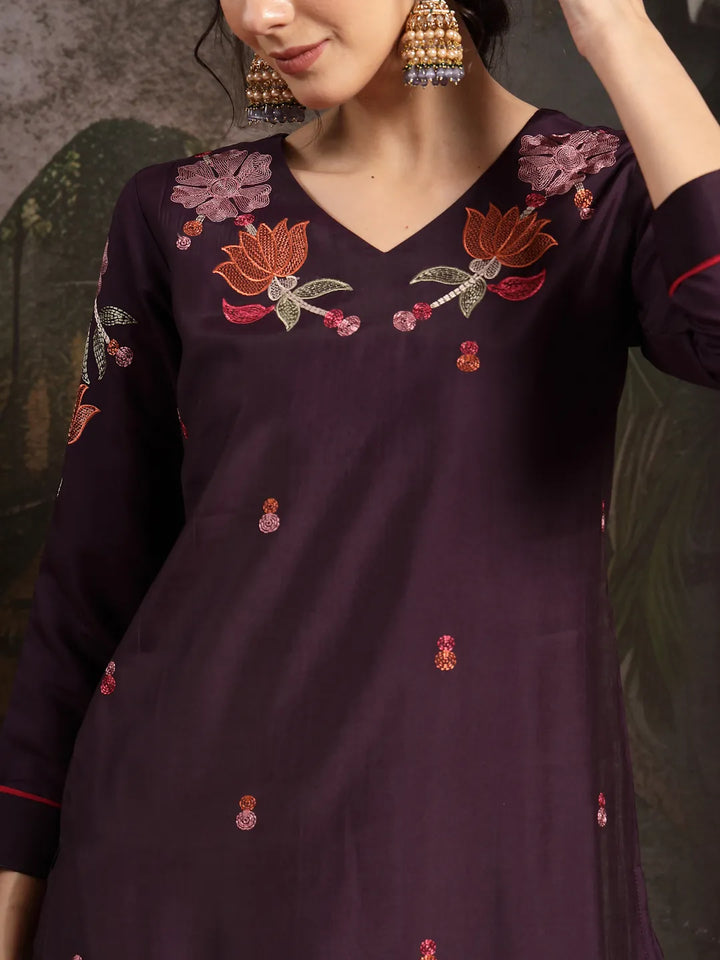 Purple Kantha Work Straight Kurta Trouser Dupatta Set Have A Lining Kurta-Yufta Store-6551SKDPRM