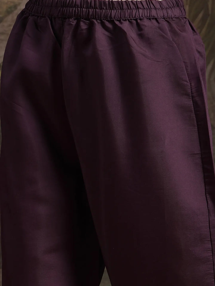 Purple Kantha Work Straight Kurta Trouser Dupatta Set Have A Lining Kurta-Yufta Store-6551SKDPRM