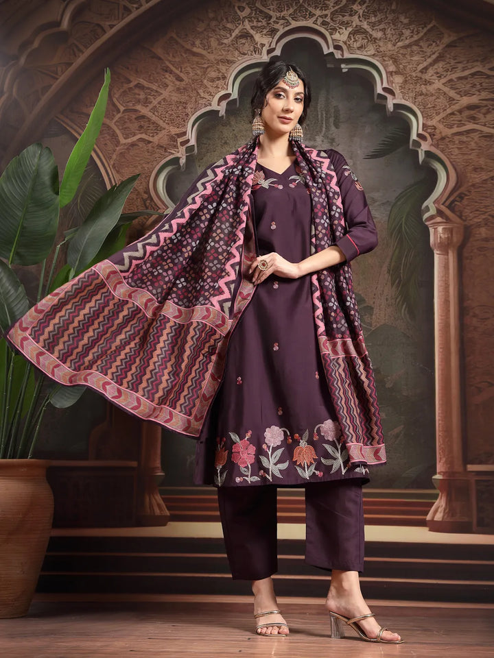 Purple Kantha Work Straight Kurta Trouser Dupatta Set Have A Lining Kurta-Yufta Store-6551SKDPRM