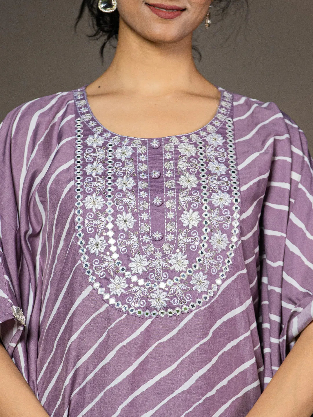 Purple Leheriya Embroidered Kaftan Kurta Set