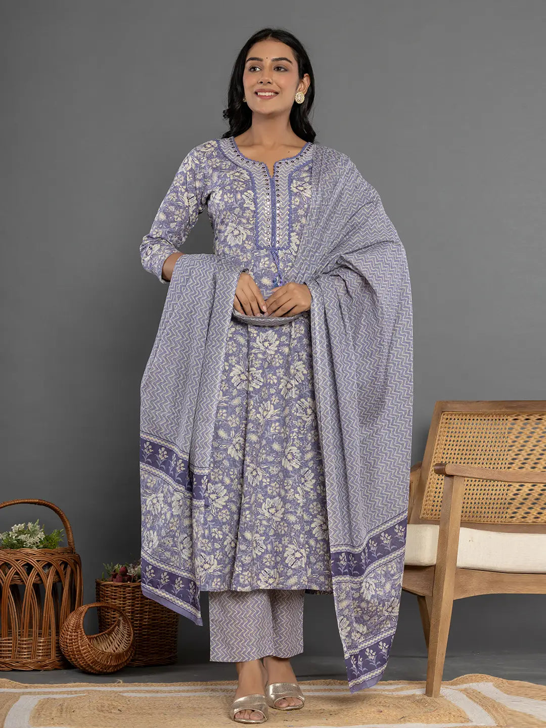 Purple Mirror_Work Cotton Anarkali Kurta Duppta Set-Yufta Store-1895SKDPRS