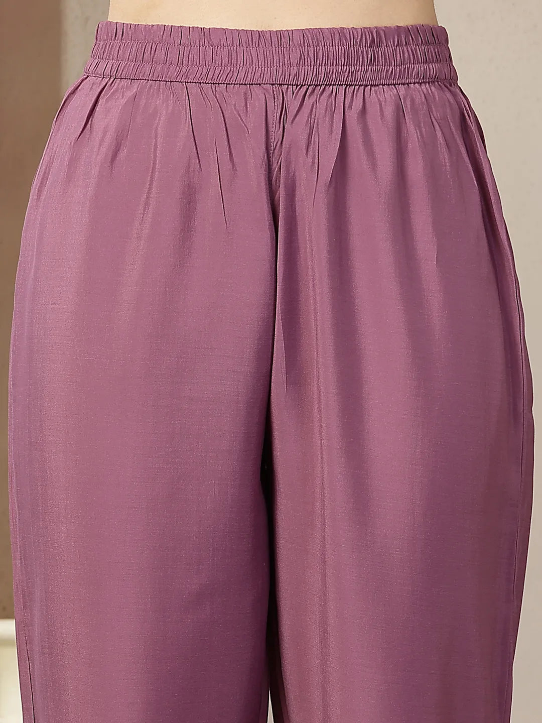 Purple Mul Chanderi Kantha Work Kurta Dupatta Pant Set