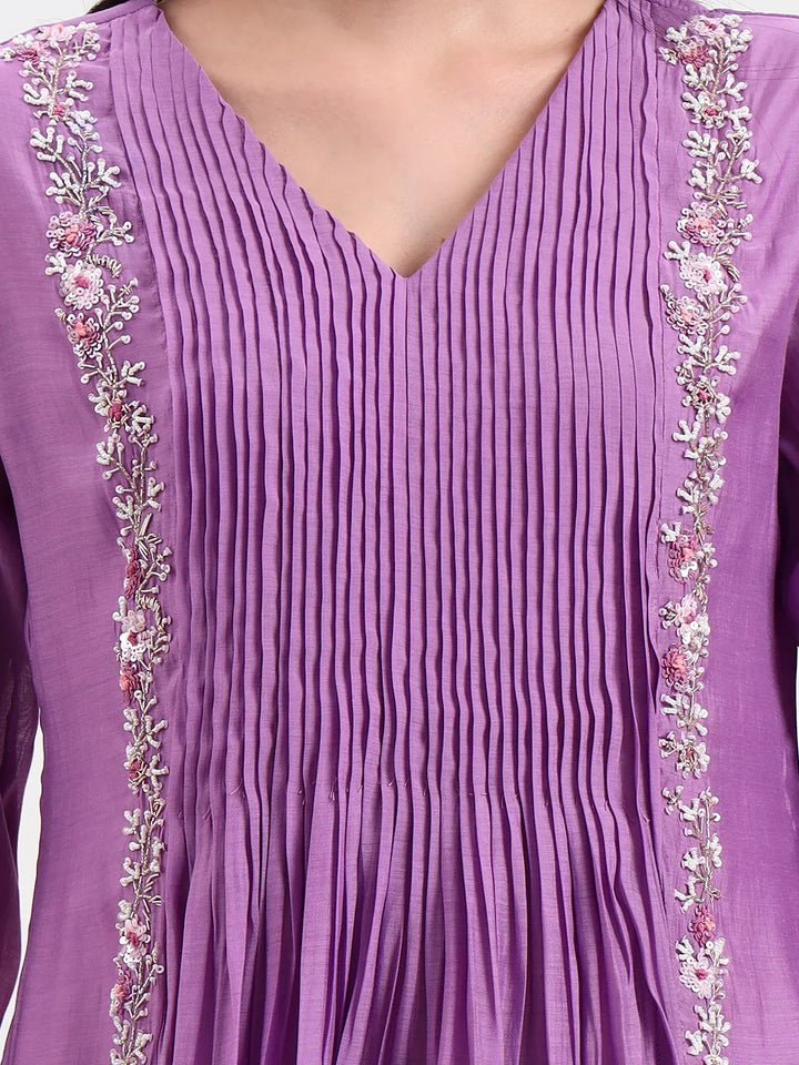 Purple Mul Chanderi Kurta Dupatta Pant Set With Handwork