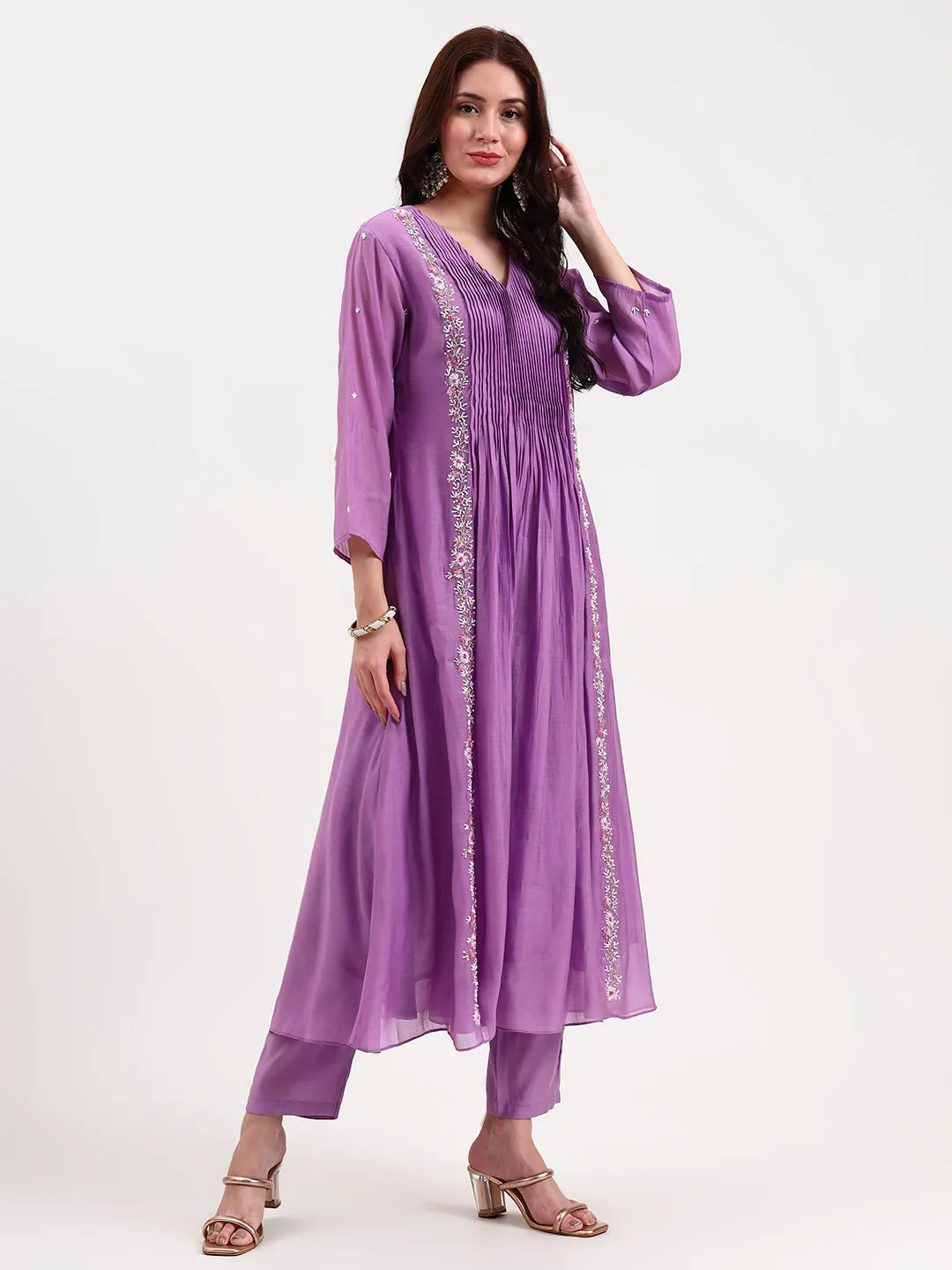 Purple Mul Chanderi Kurta Dupatta Pant Set With Handwork