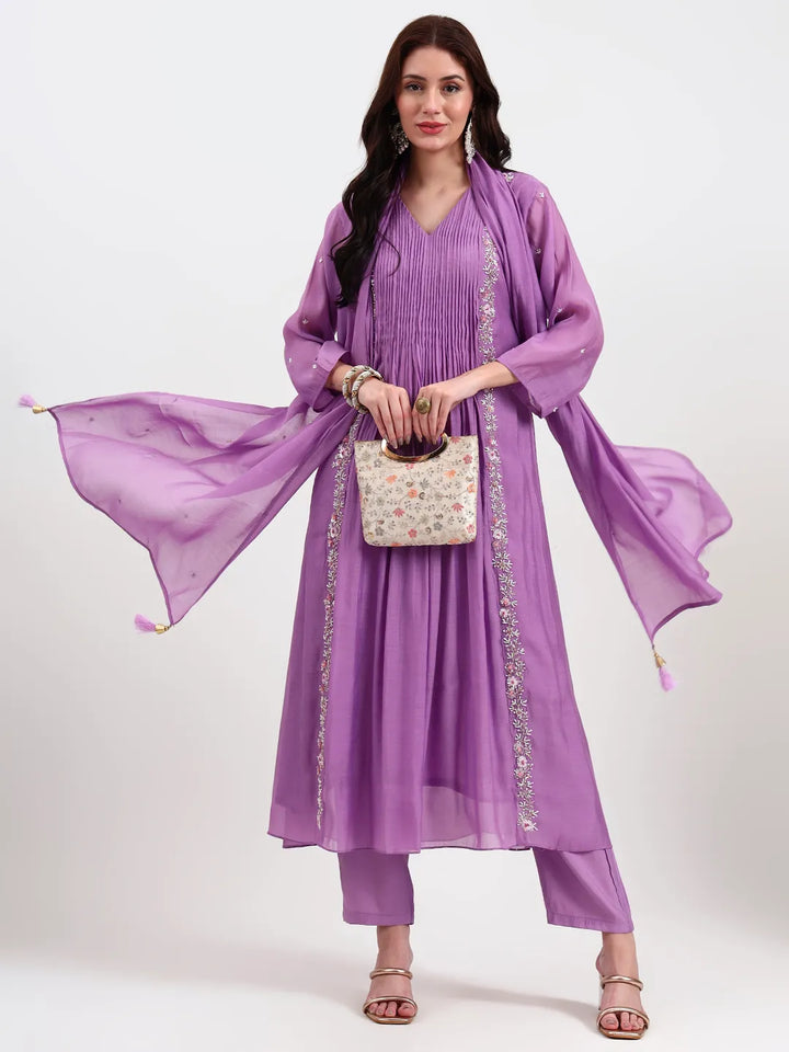 Purple Mul Chanderi Kurta Dupatta Pant Set With Handwork