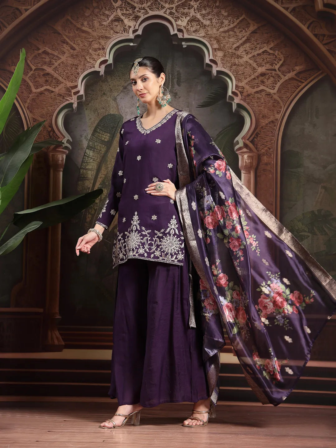 Purple Mul Chanderi Short Kurta Palazoo Set