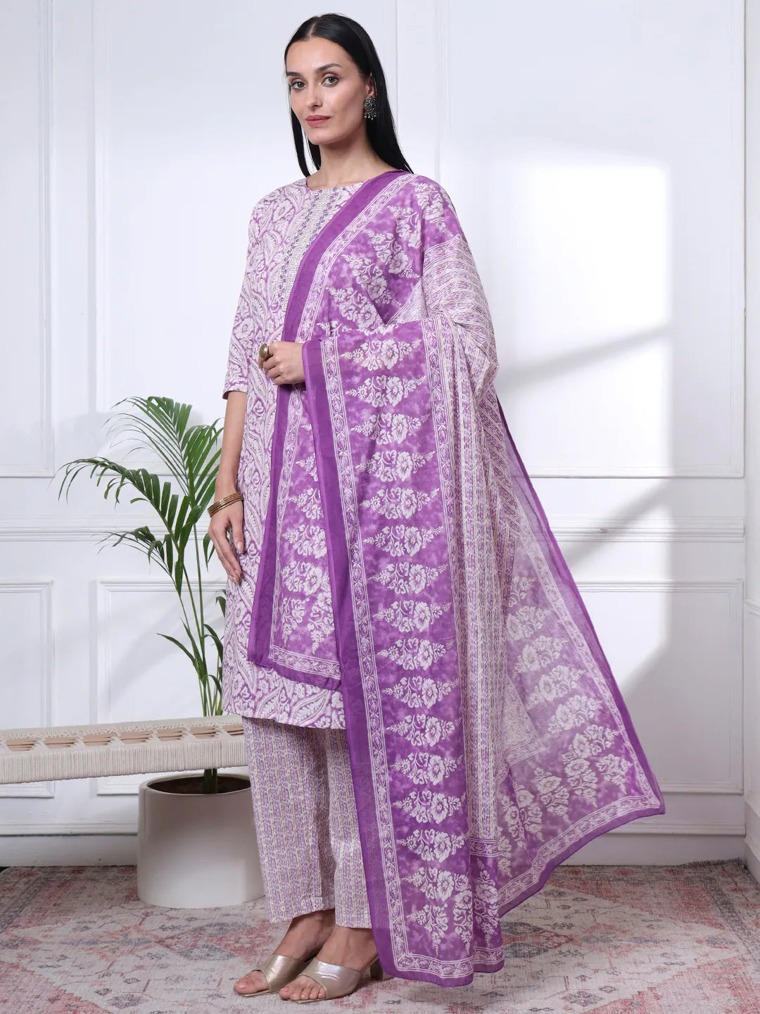 Purple Pure Cotton Ethnic Motifs Straight Kurta Trouser Dupatta Set
