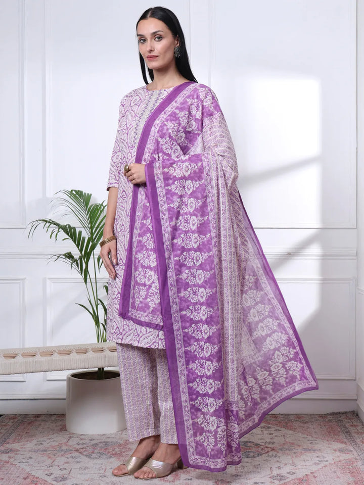 Purple Pure Cotton Ethnic Motifs Straight Kurta Trouser Dupatta Set