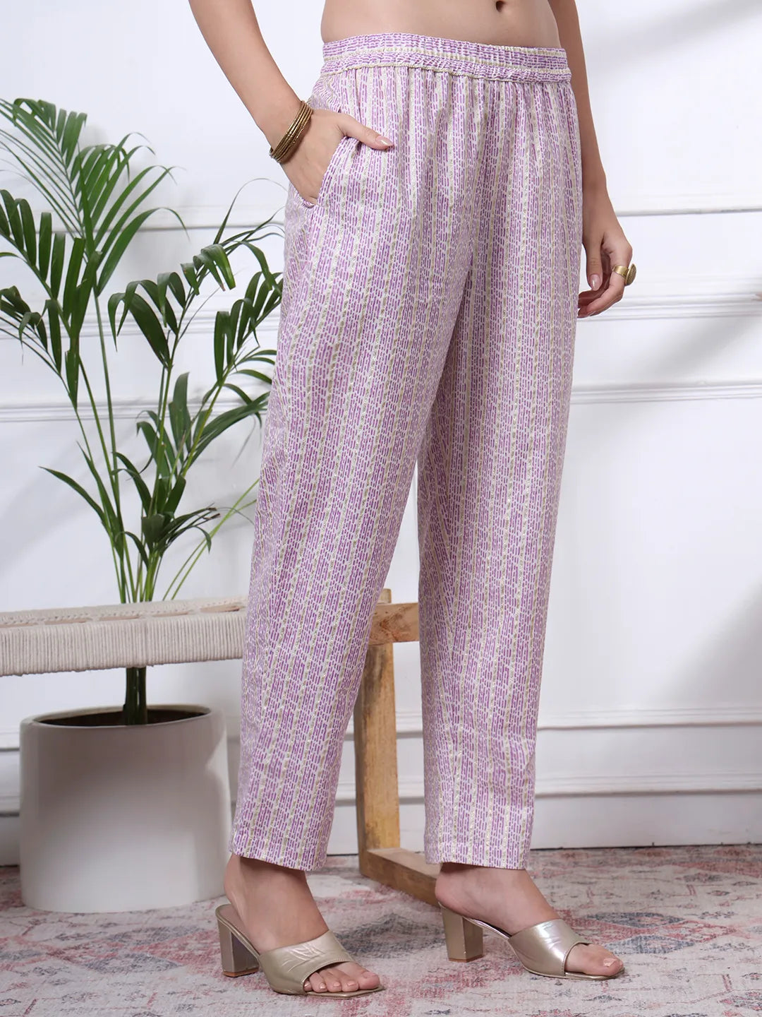 Purple Pure Cotton Ethnic Motifs Straight Kurta Trouser Dupatta Set