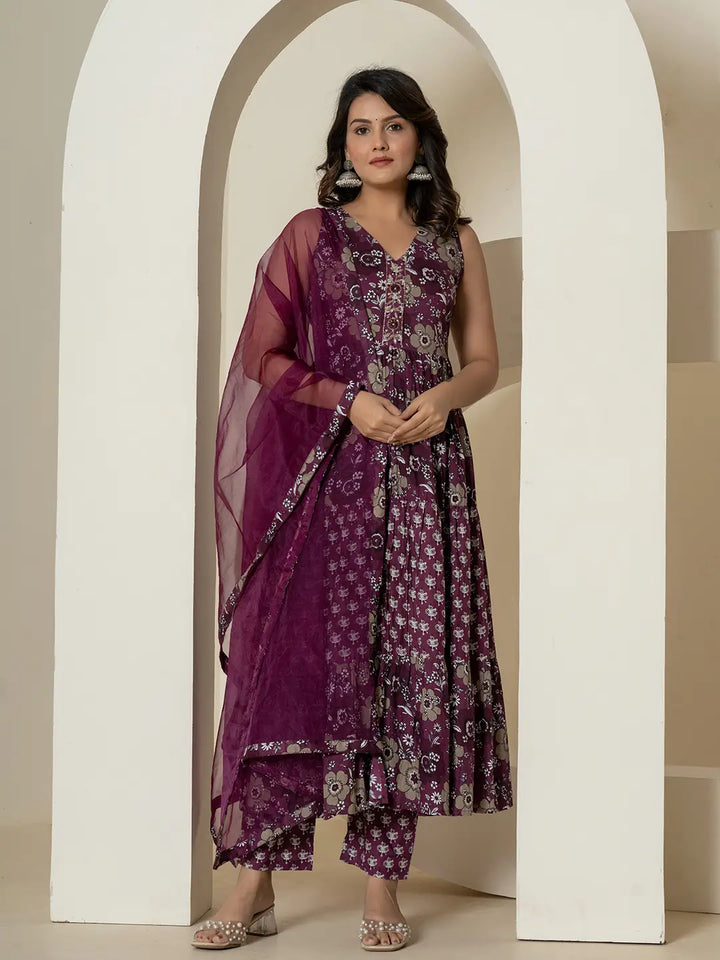 Purple Pure Cotton Fit And Flare Tiered Kurta Trouser & Dupatta Set-Yufta Store-7037SKDPRS