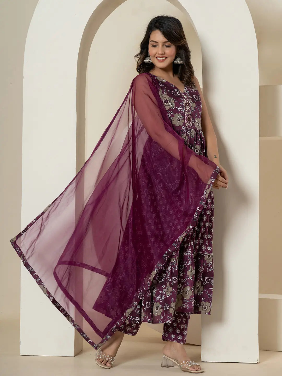 Purple Pure Cotton Fit And Flare Tiered Kurta Trouser & Dupatta Set-Yufta Store-7037SKDPRS