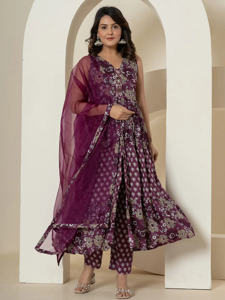 Purple Pure Cotton Fit And Flare Tiered Kurta Trouser & Dupatta Set-Yufta Store-7037SKDPRS