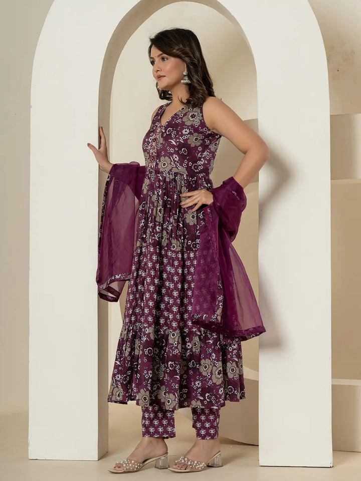 Purple Pure Cotton Fit And Flare Tiered Kurta Trouser & Dupatta Set-Yufta Store-7037SKDPRS